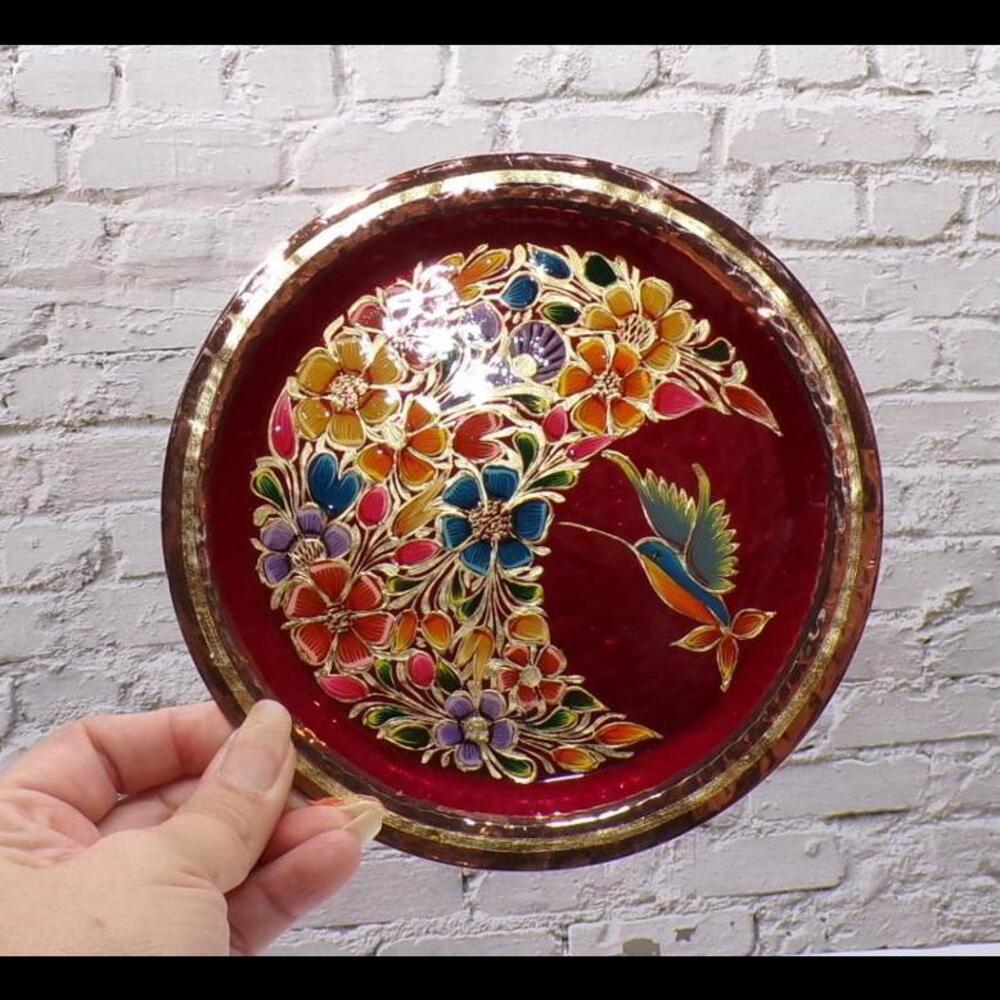 Handcrafted Copper Plate with Vibrant Floral Design